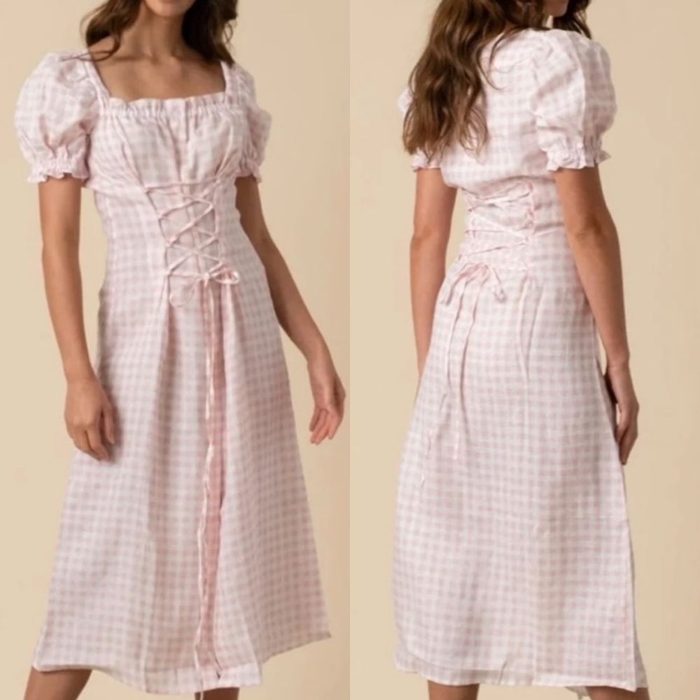 Sleeper Marquise Midi Dress Linen Pink Vichy Pink White Gingham Lace Up Medium - Picture 9 of 9